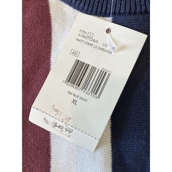 NWT $49.99 Guess Stripe Long Sleeve Sweater Size XL Men’s Navy Maroon - Picture 4 of 9